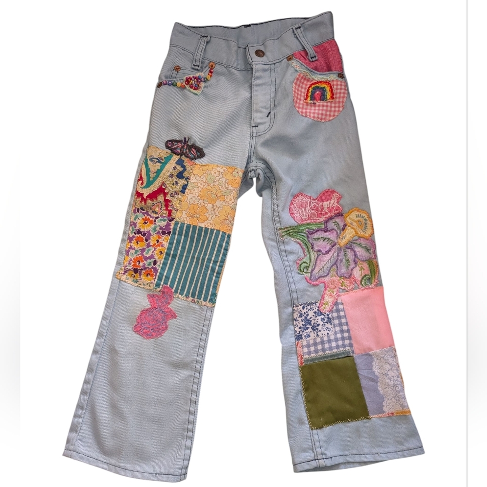 Levi's 70s Vintage rare Upcycled Kids Blue Cotton‎ Denim Flare Jeans Patchwork